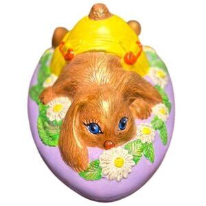 Vintage Egg Candy Dish w/Lid Duncan Mold Bunny Daises lilac Retro